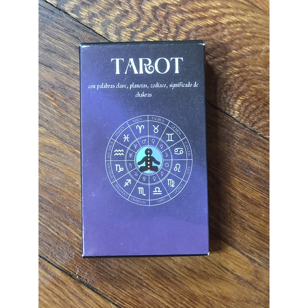 Spanish Tarot Deck with Keywords Zodiac Planets and Chakras Purple Black